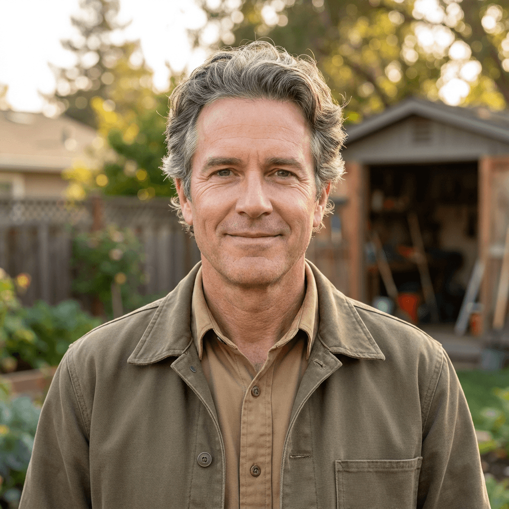Male homeowner in his late 40s standing by a fence in a tidy yard