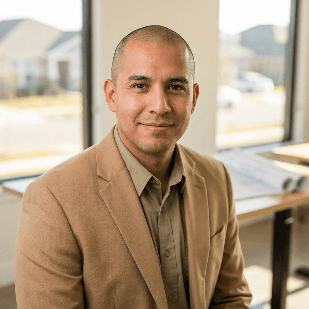 Male property manager in mid 40s, White, professional confident demeanor, business casual