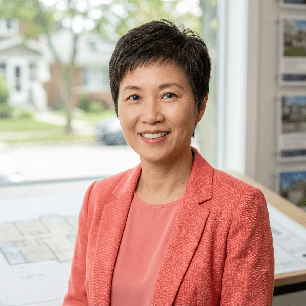 Female homeowner in early 50s, East Asian, warm friendly smile, residential setting
