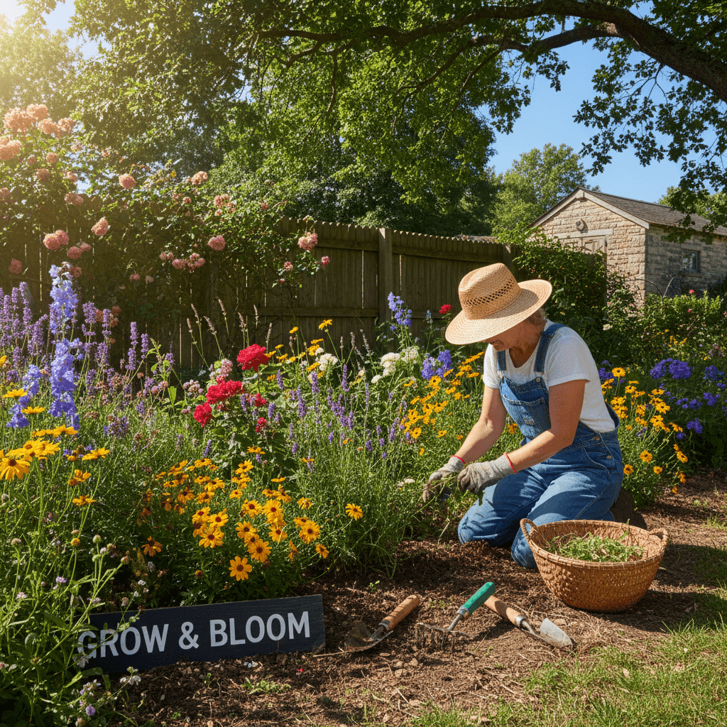 Gardener weeding a flower bed with tools in a sunny garden