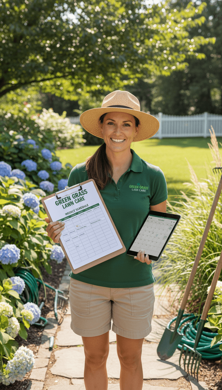 Waldman Lawn Care professional reviewing a schedule while standing in a well-maintained Toronto yard