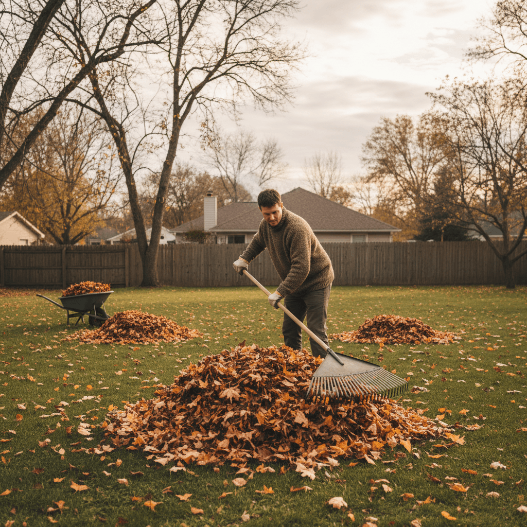 Rake gathering fallen leaves in a backyard during autumn