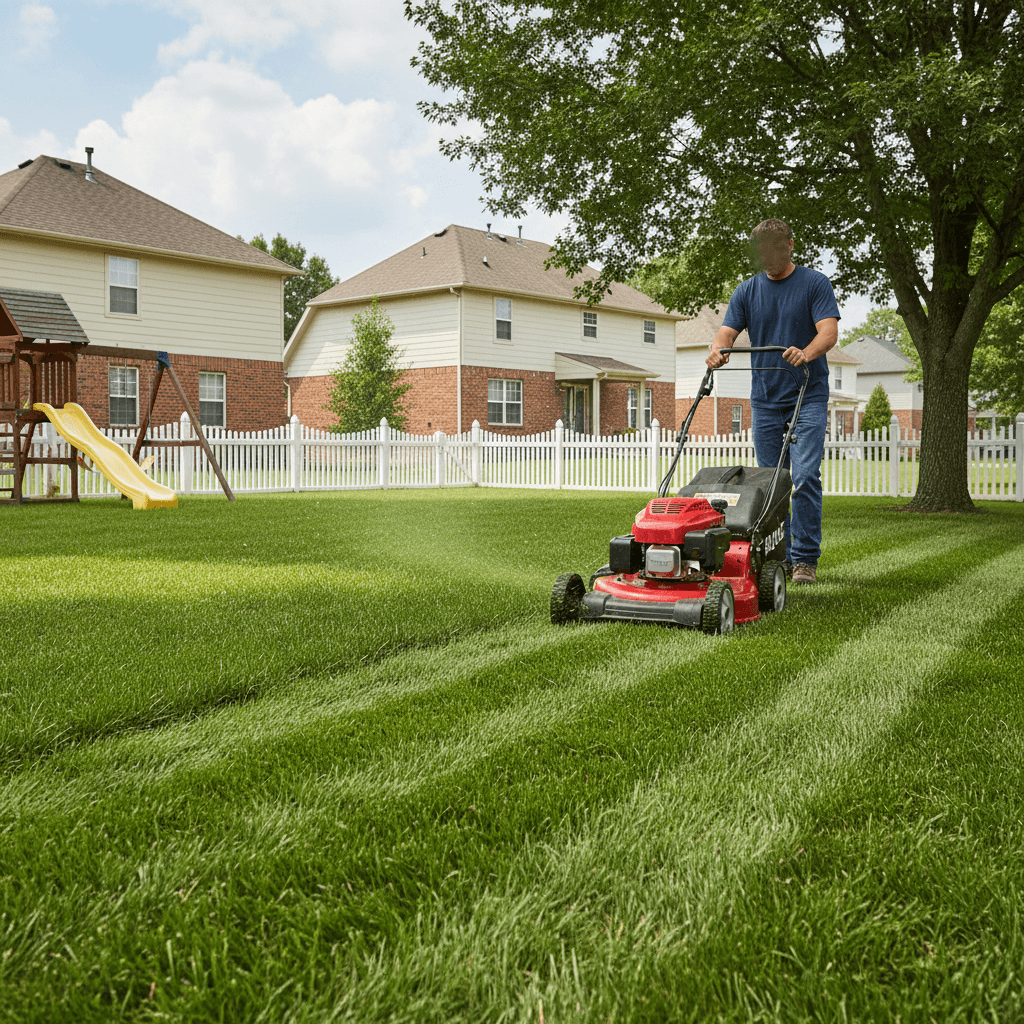Lawn mower cutting green grass in a residential backyard