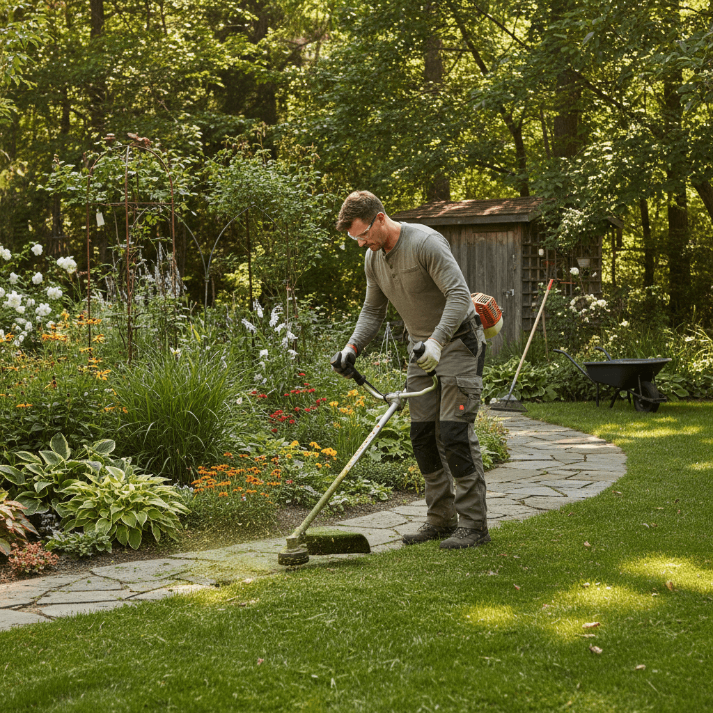 Worker trimming grass edges with a string trimmer in a garden