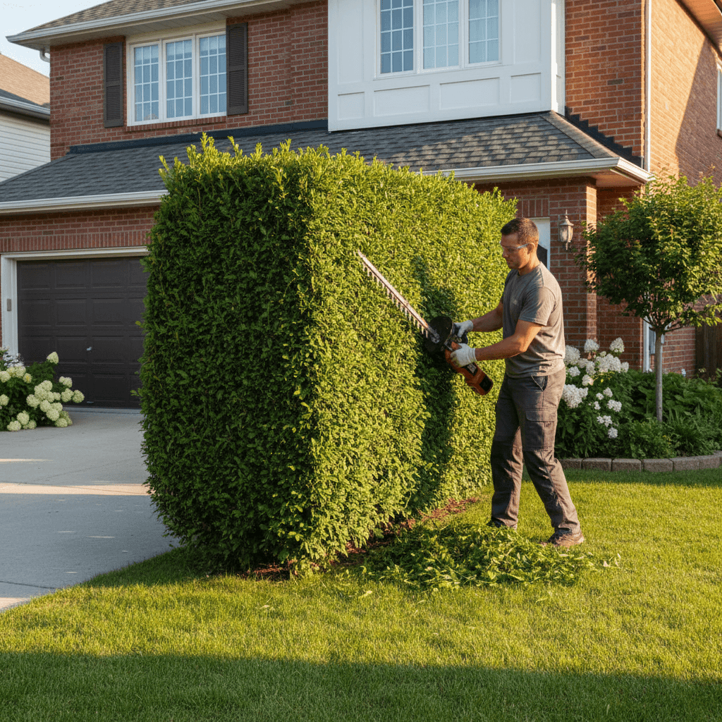 Person trimming a hedge with a hedge trimmer in a suburban yard