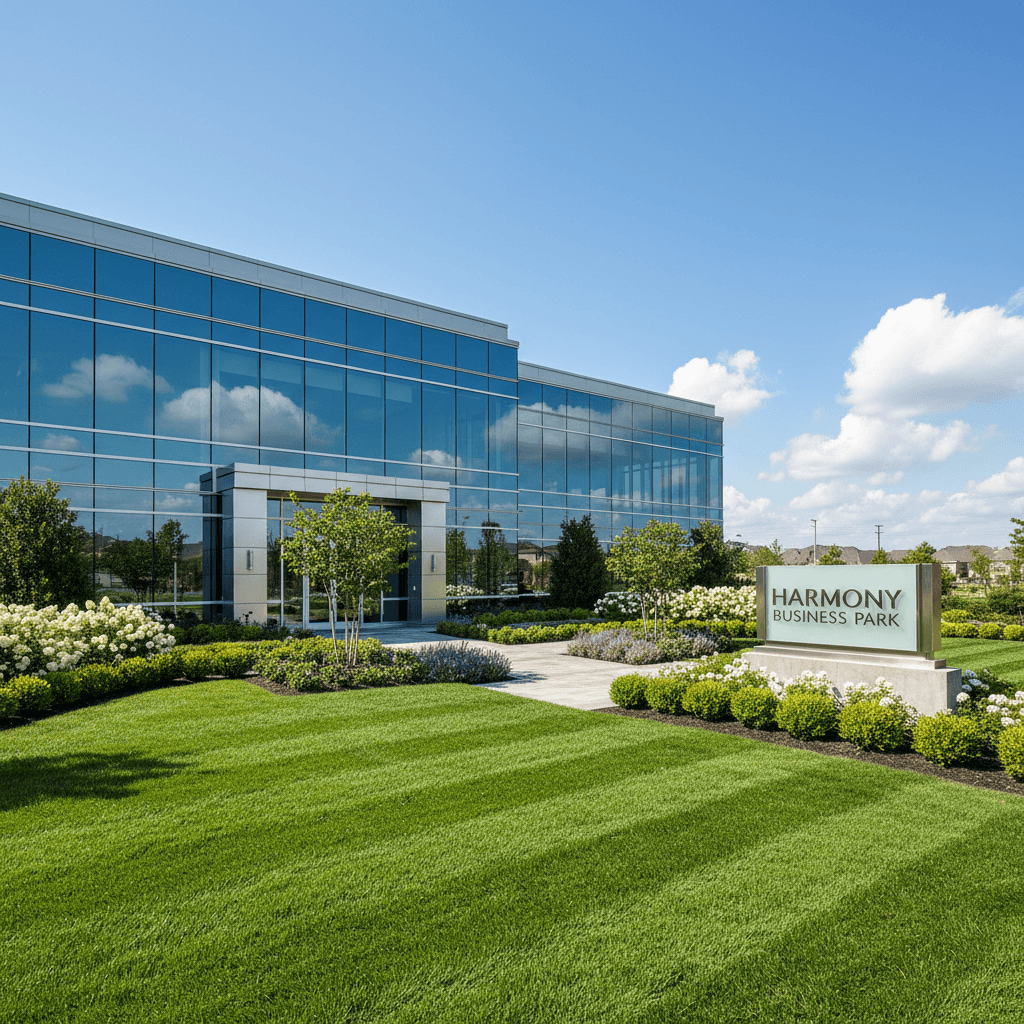 Commercial property with a manicured lawn and tidy landscaping