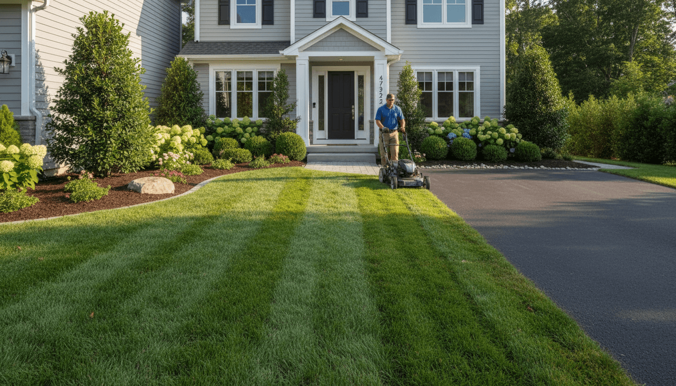 Commercial property grounds kept neat with mowed grass