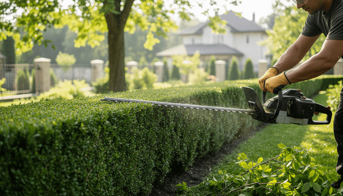 Landscaper trimming a hedge on a residential property