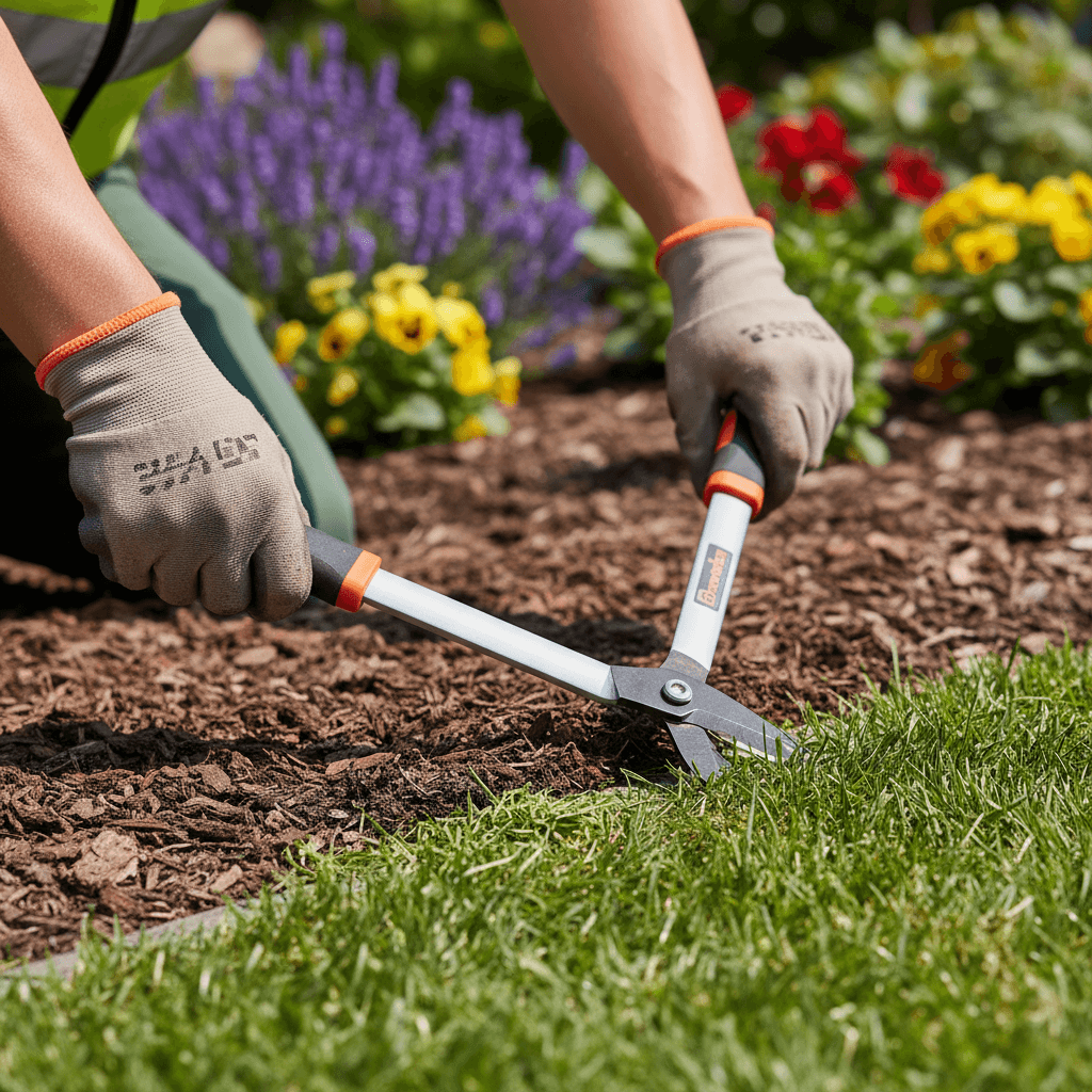 Hands trimming the edge of a garden bed with pruning shears