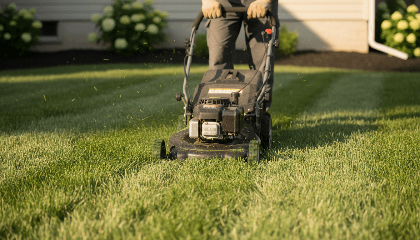 Lawn care worker raking leaves in a well-maintained yard