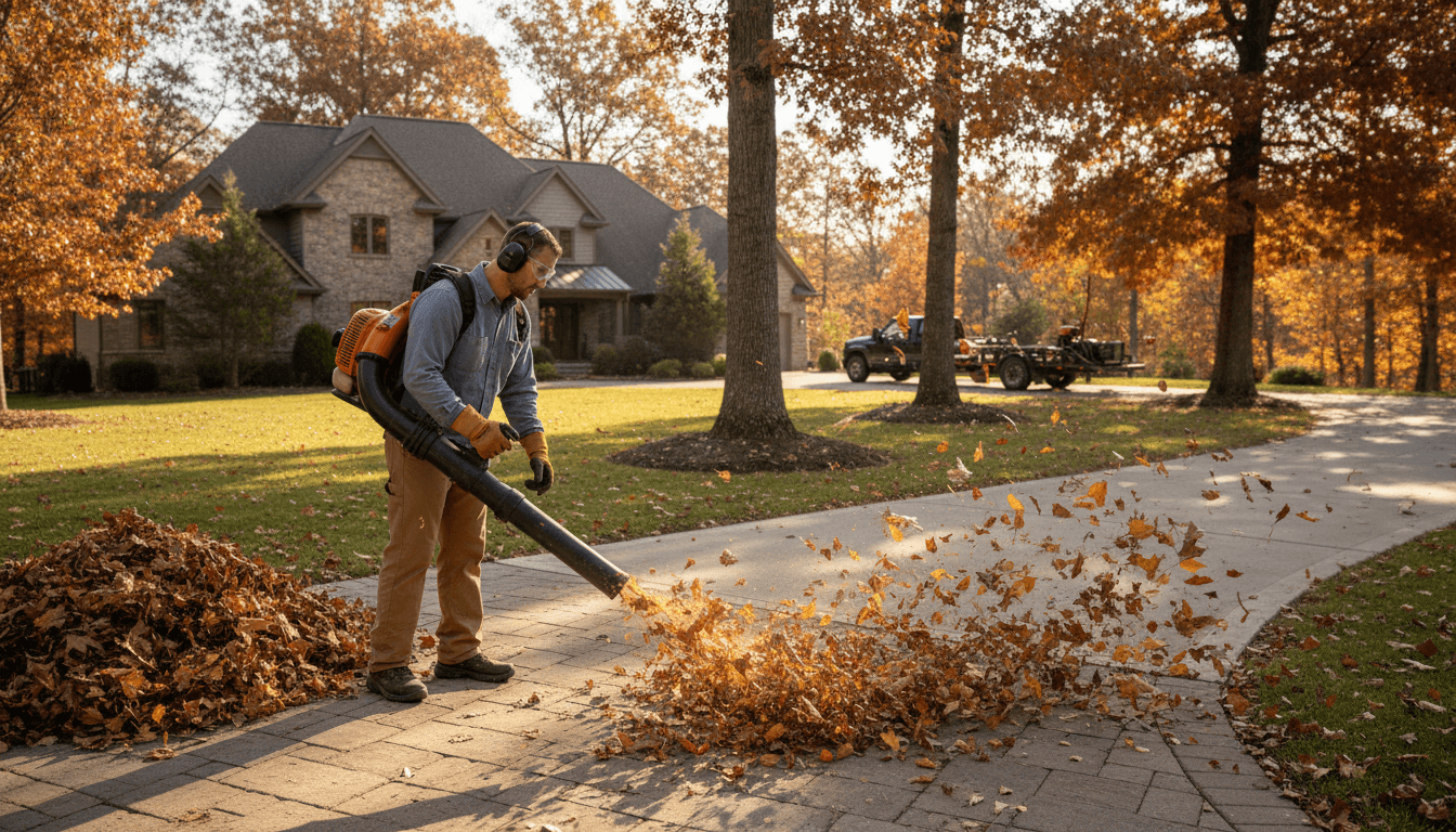 Worker clearing fallen leaves from a backyard lawn in autumn