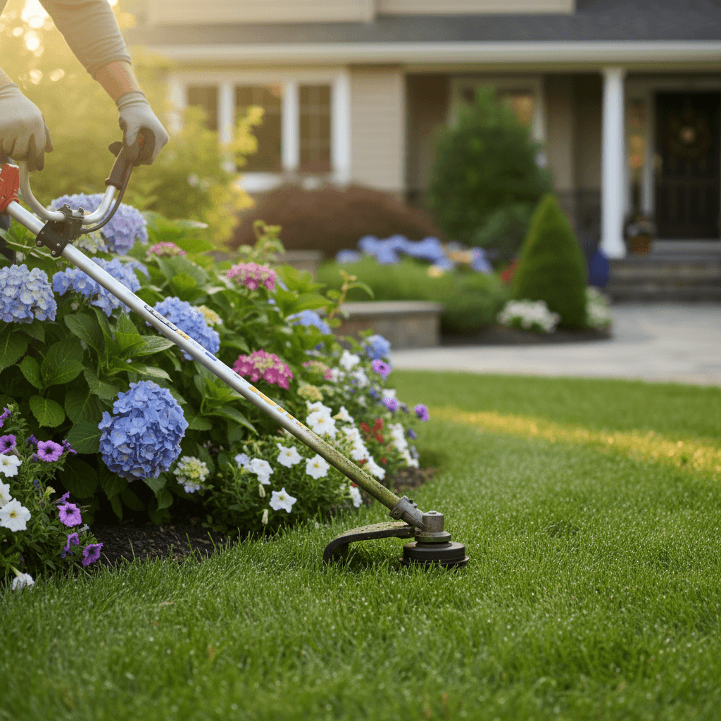 Gardener sweeping grass clippings from a garden path