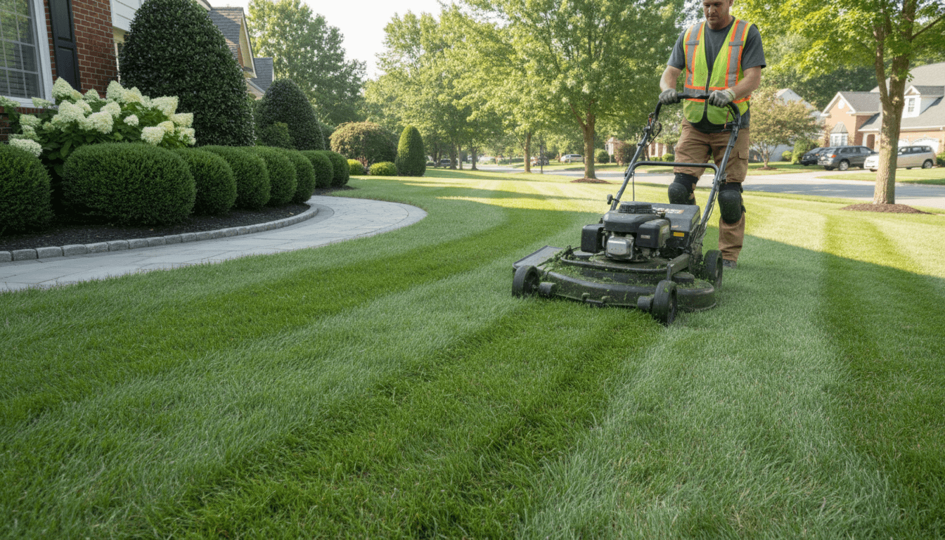 Lawn care professional mowing a green lawn in Toronto