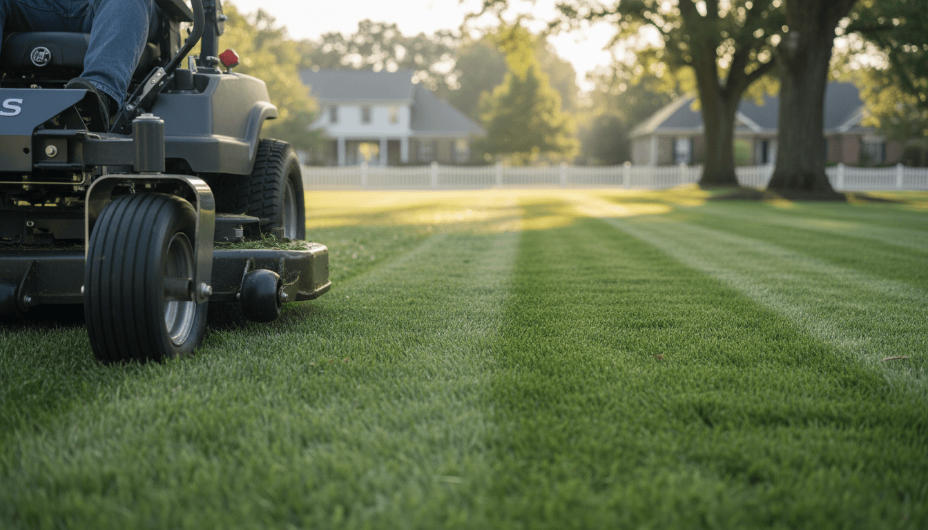 Lawn mower cutting stripes into a neat green lawn
