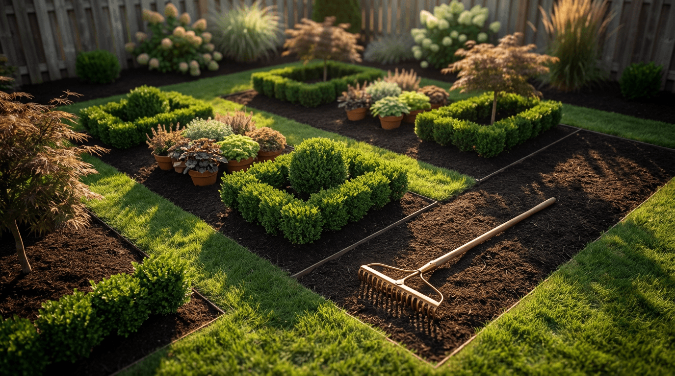 Trimmed hedges and healthy garden beds outside a home