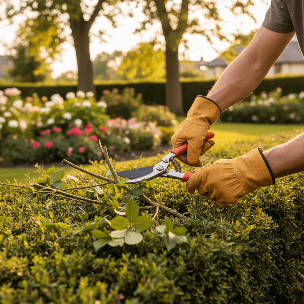 Worker trimming a hedge with power shears in a residential yard