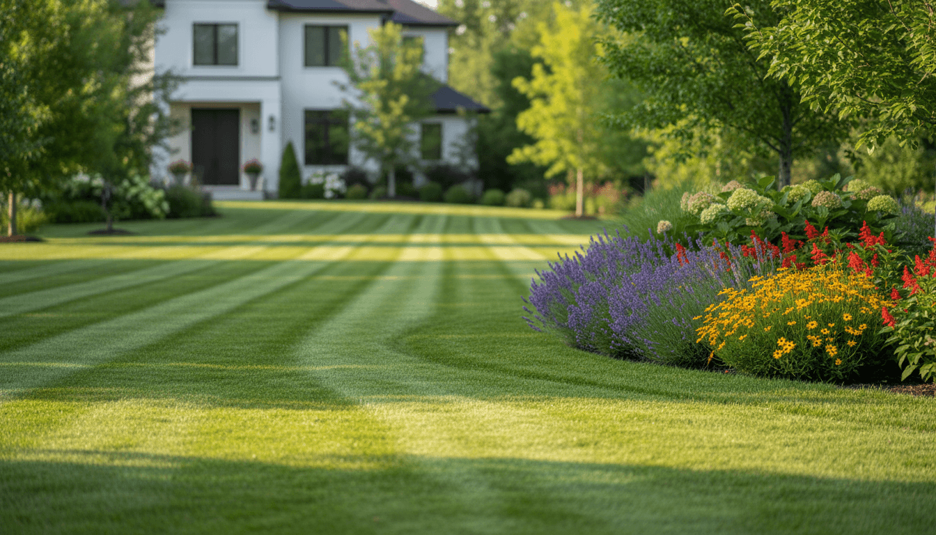 Tidy front lawn with cleared walkways and defined borders