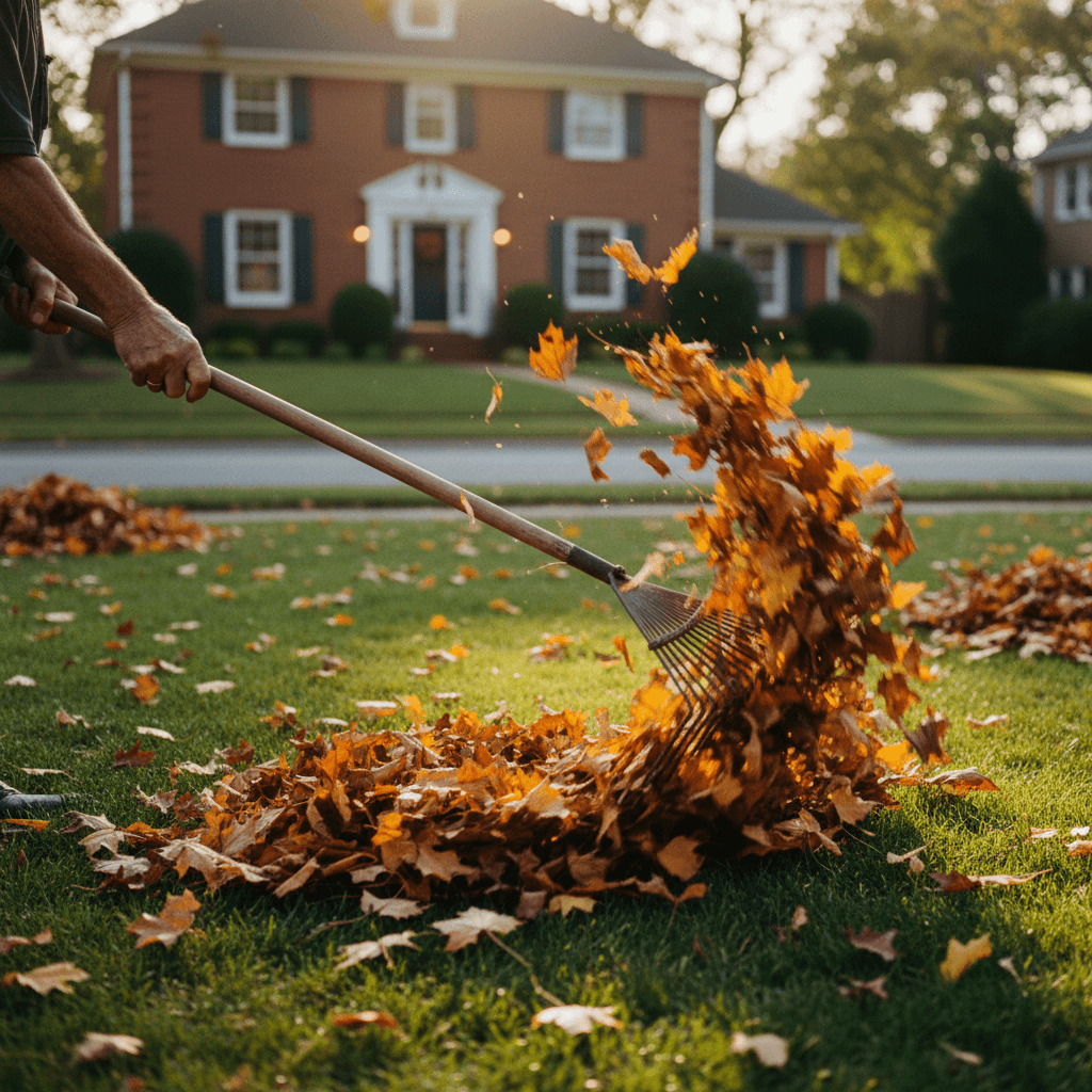 Landscaper raking leaves during a fall cleanup