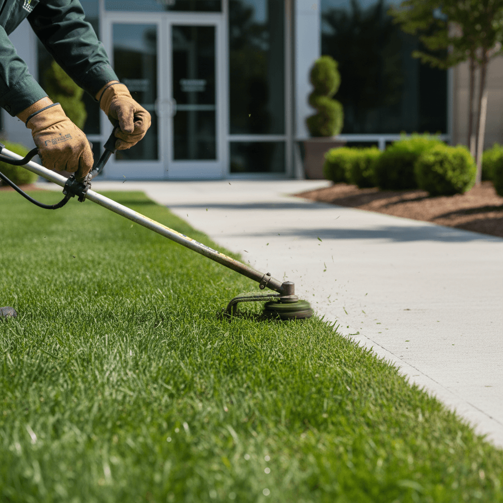 Worker trimming lawn edge along a concrete driveway
