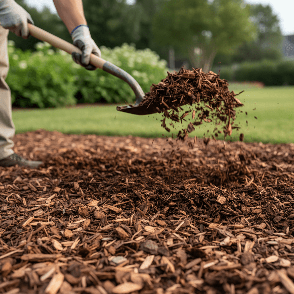 Fresh dark mulch spread evenly around plants in a garden bed